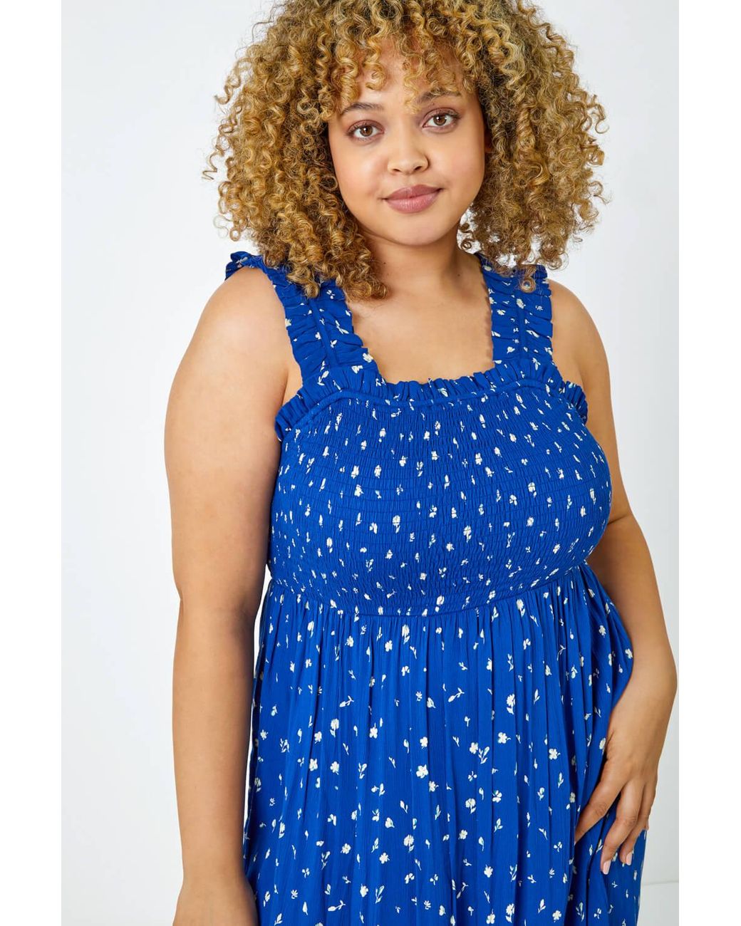 Roman Curve Blue Shirred Frill Detail Midi Dress
