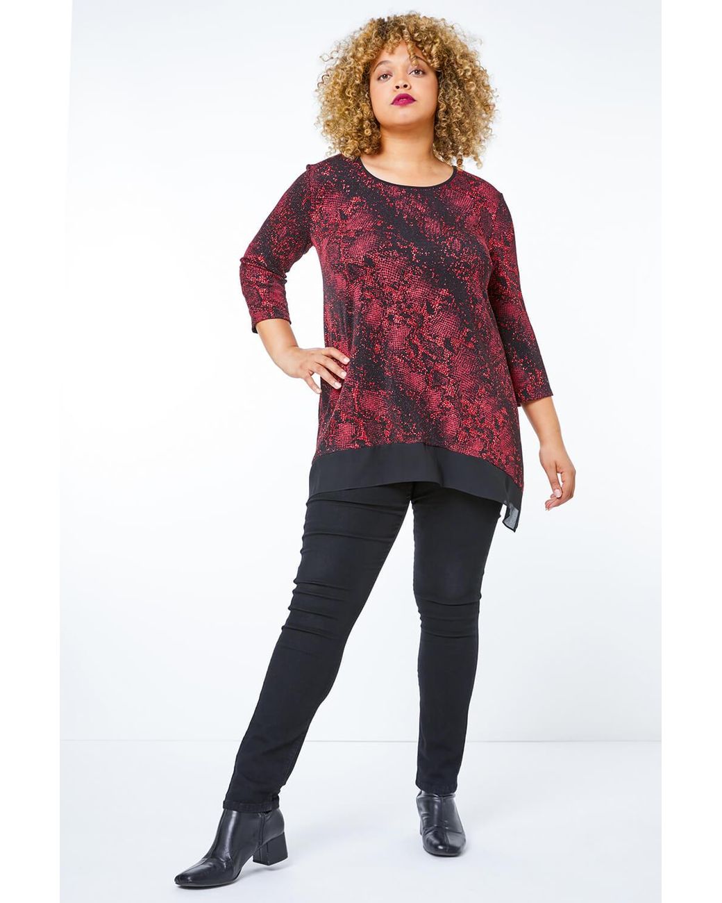 Roman Curve Red Animal Contrast Hem Top
