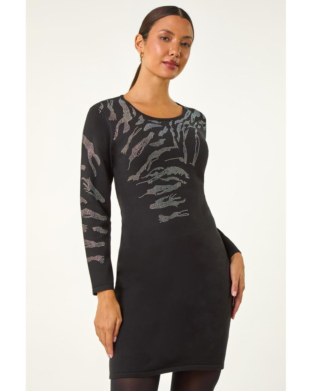 Roman Black Animal Print Embellished Hotfix Shift Dress