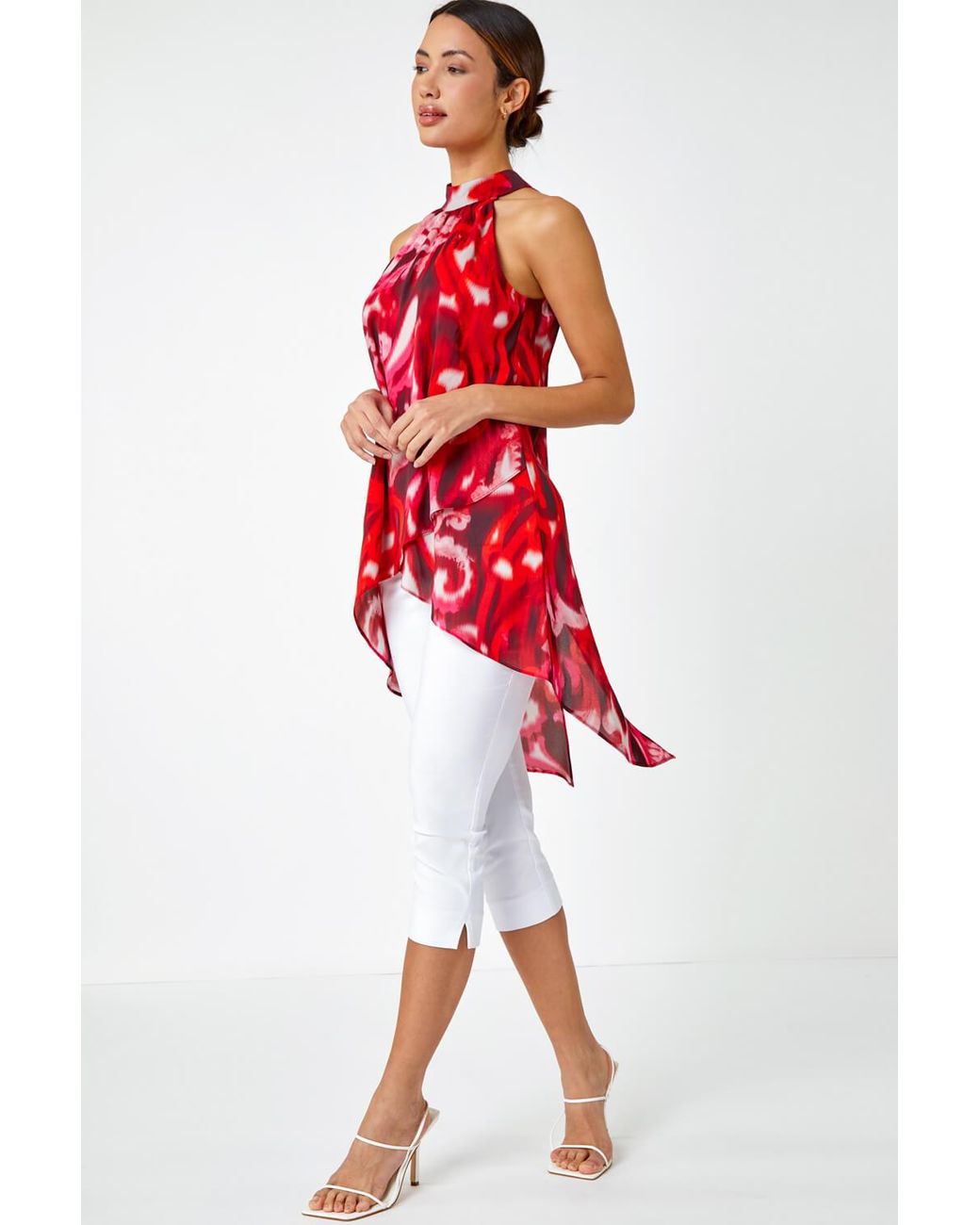 Roman Red Sleeveless Swirl Print Halter Neck Top
