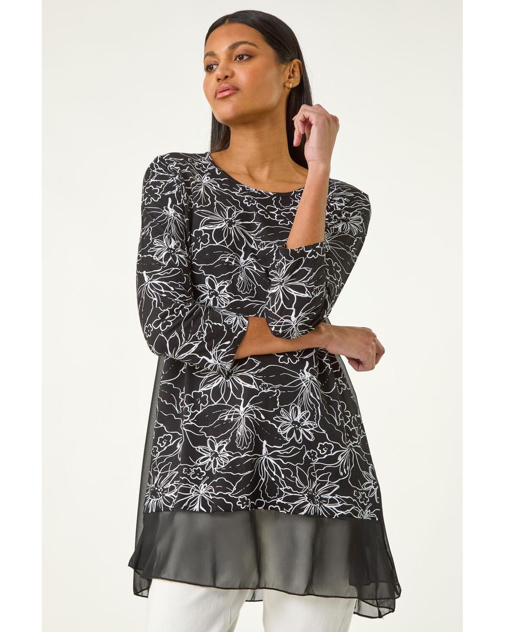 Roman Black Floral Print Mesh Hem Tunic Top