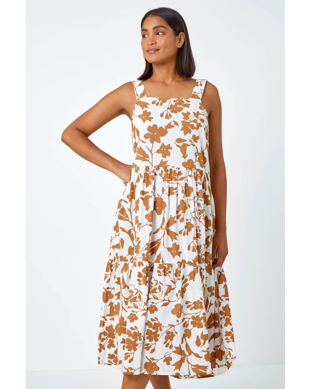 Roman Multicolor Sleeveless Cotton Floral Midi Dress