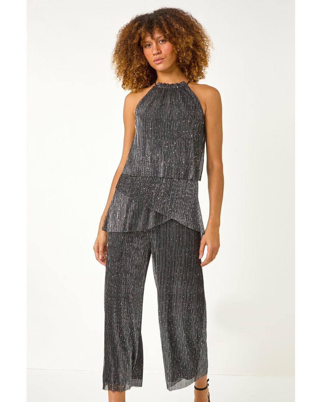 Roman Metallic Shimmer Plisse Jumpsuit