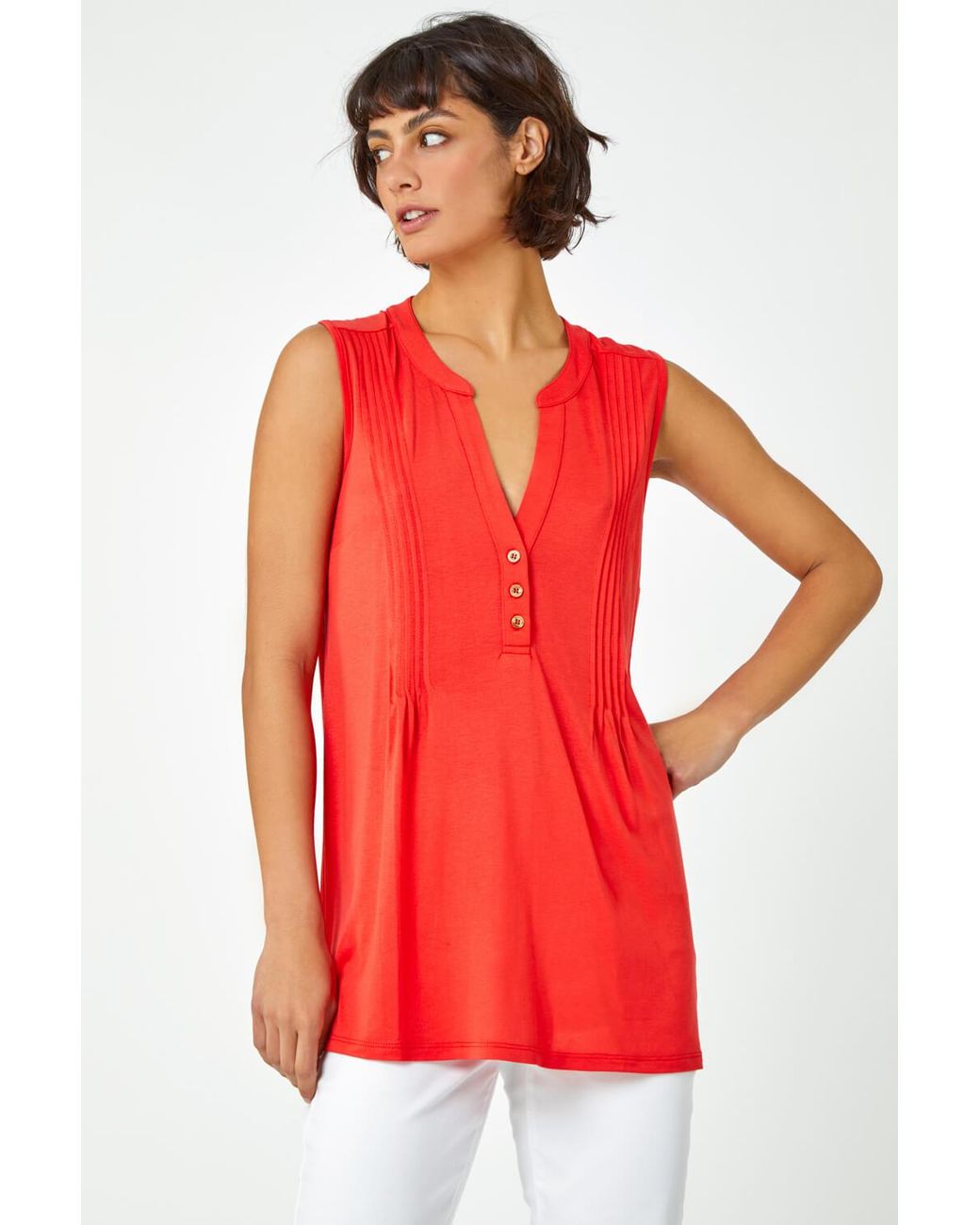 Roman Red Sleeveless V-Neck Button Detail Vest