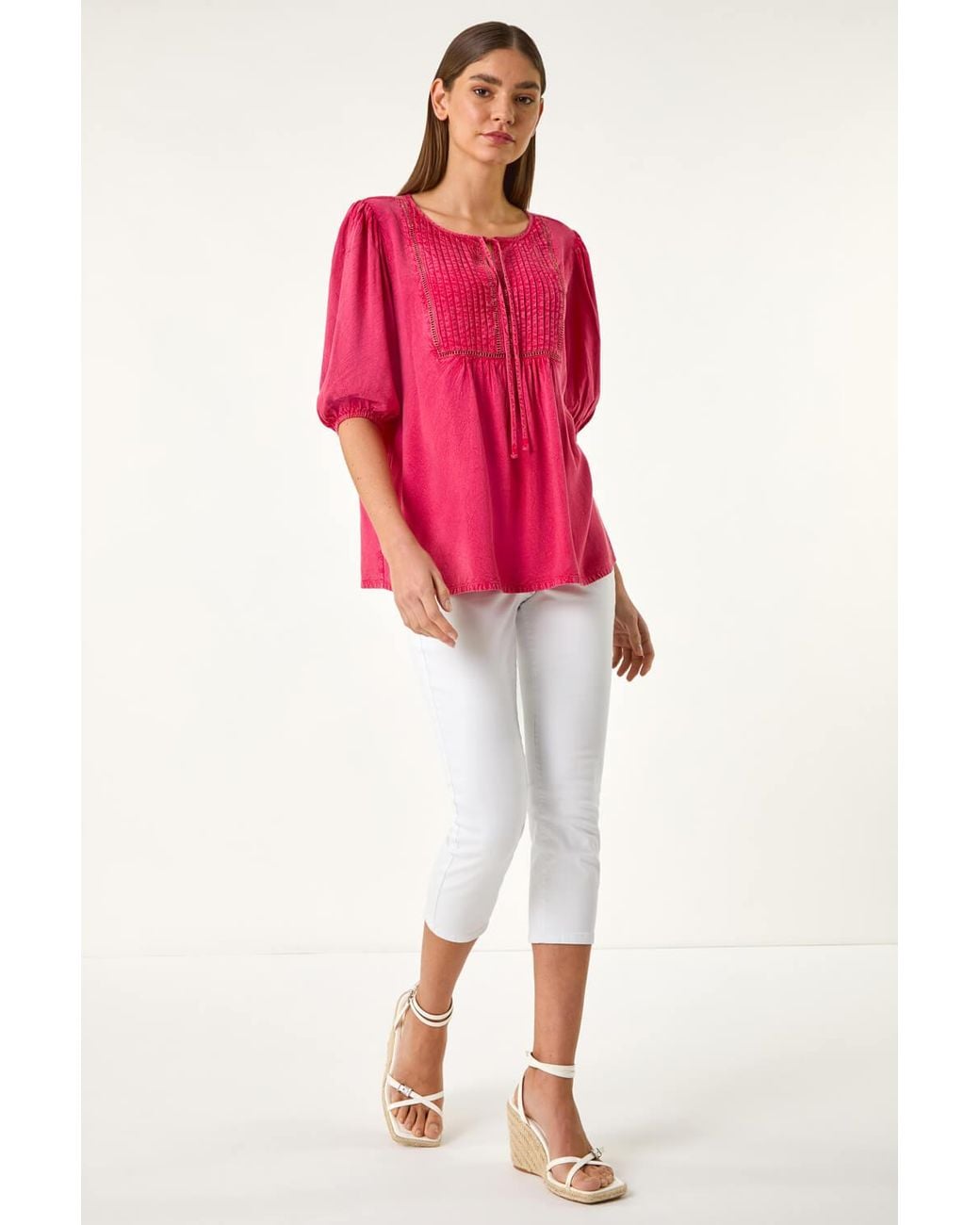 Roman Red Pleat Detail Tie Neck Top