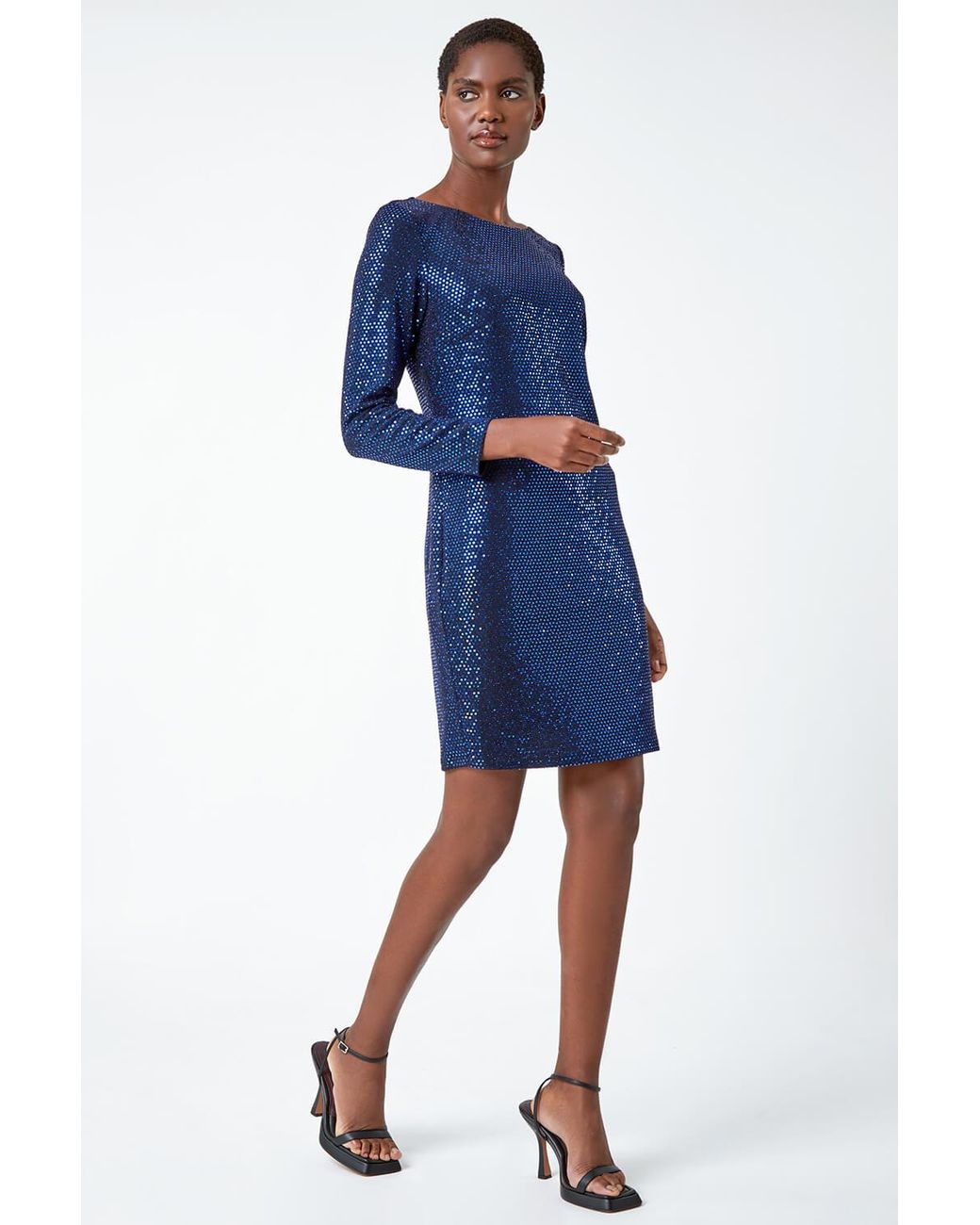 Roman Blue Sequin Stretch Shift Dress