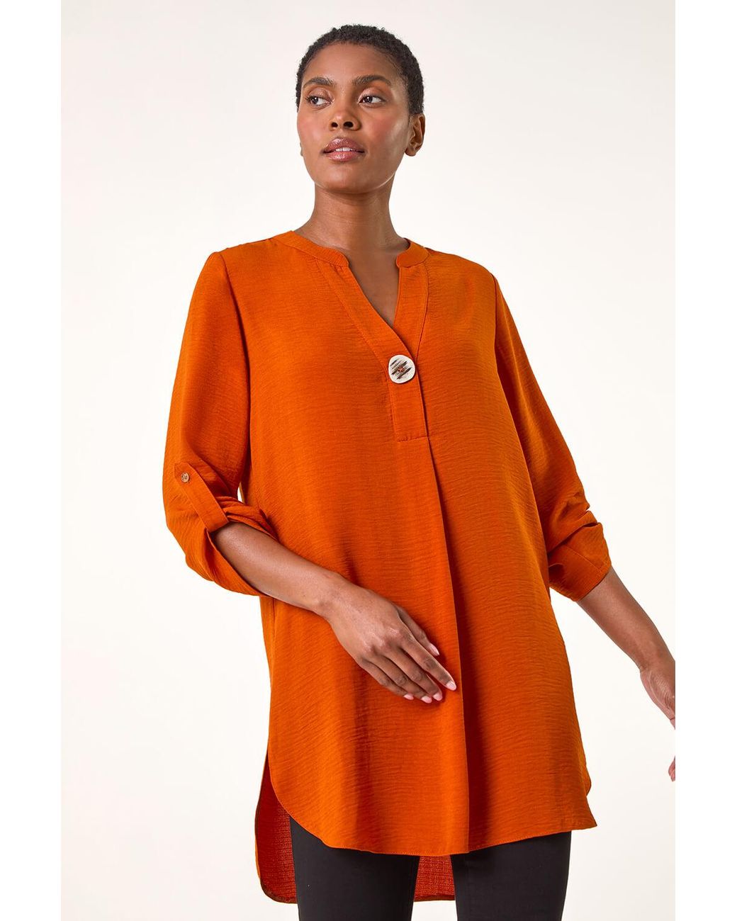 Roman Orange V-Neck Button Detail Top