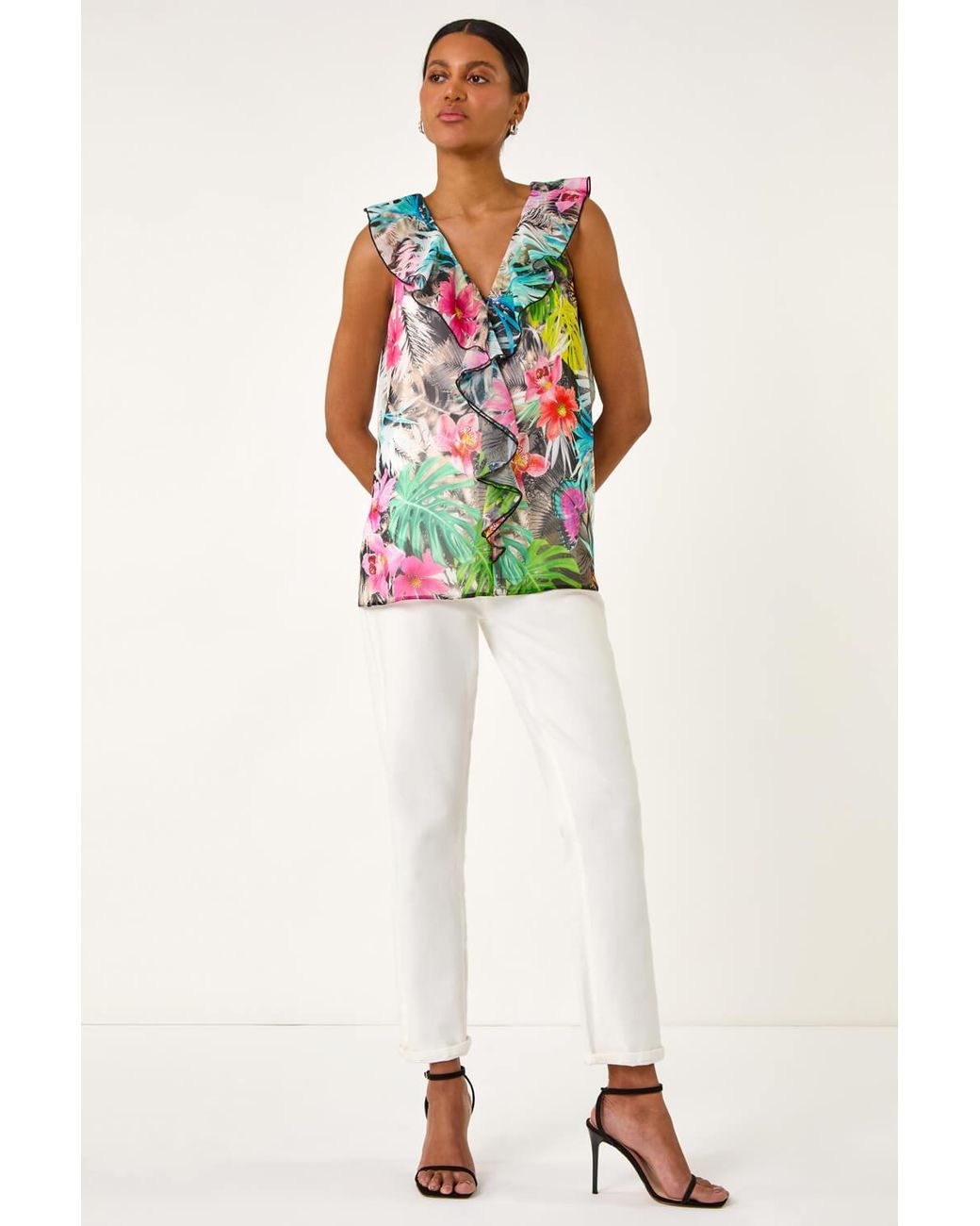 Roman Multicolor Tropical Print Ruffle Front Vest