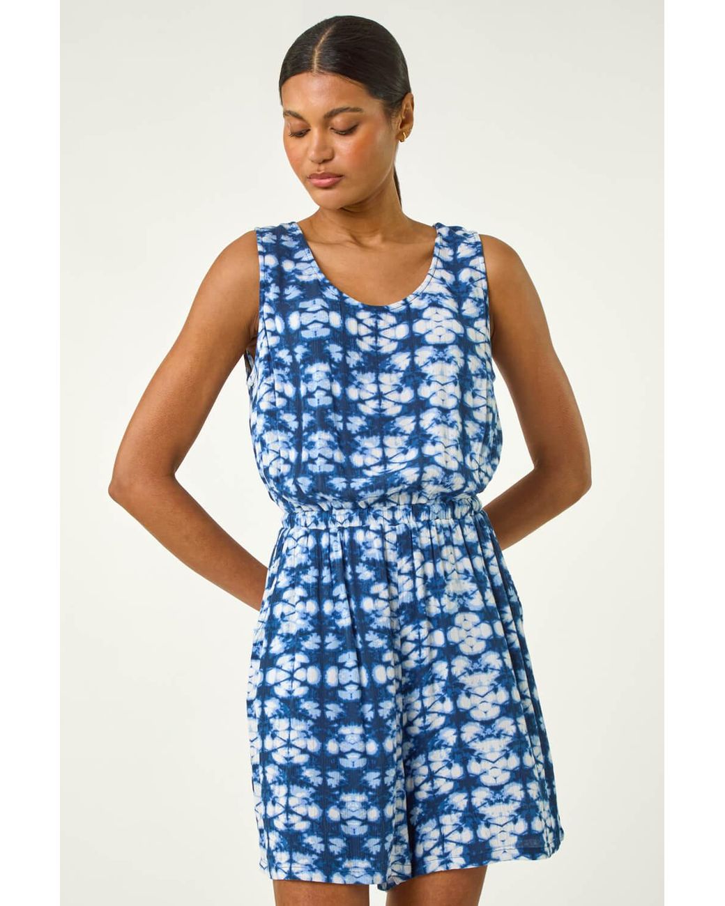 Roman Blue Geo Print Crinkle Pocket Playsuit