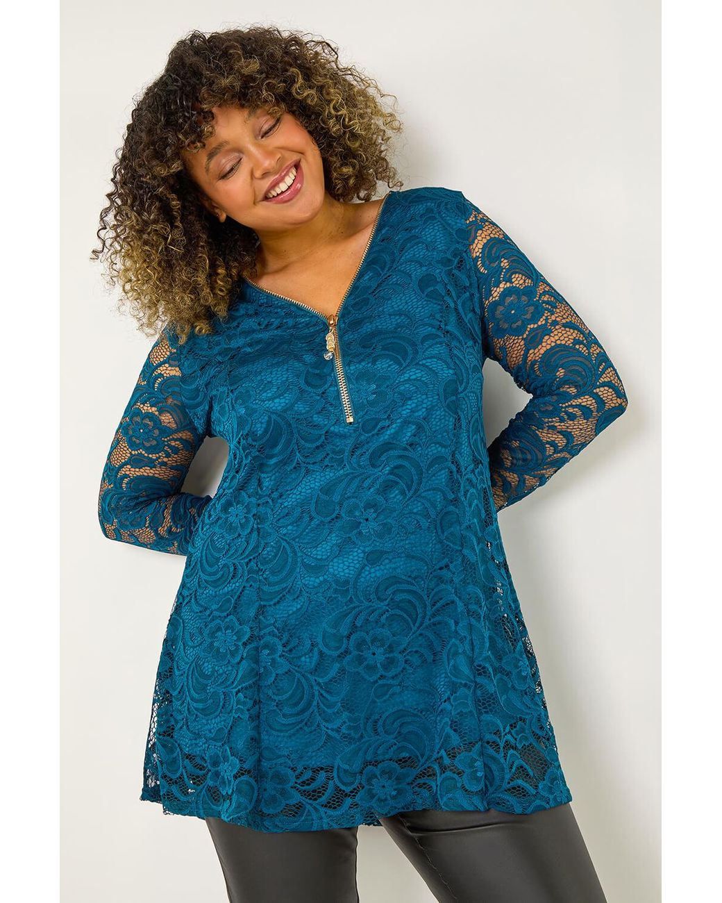 Roman Curve Blue Zip Front Lace Stretch Top