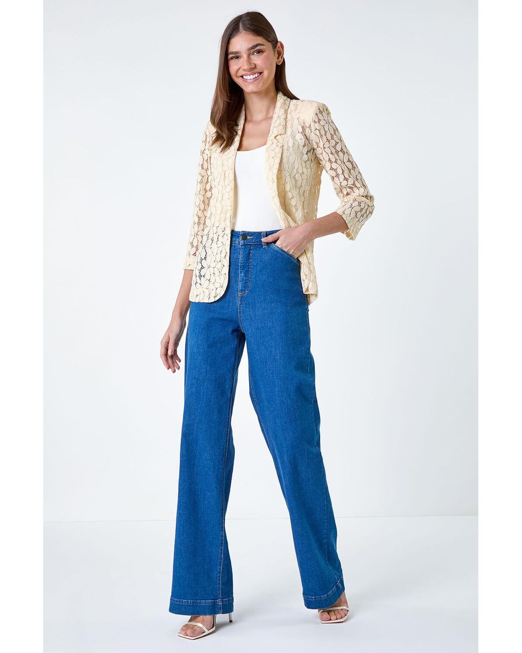 Roman Blue 3/4 Sleeve Floral Lace Blazer Jacket