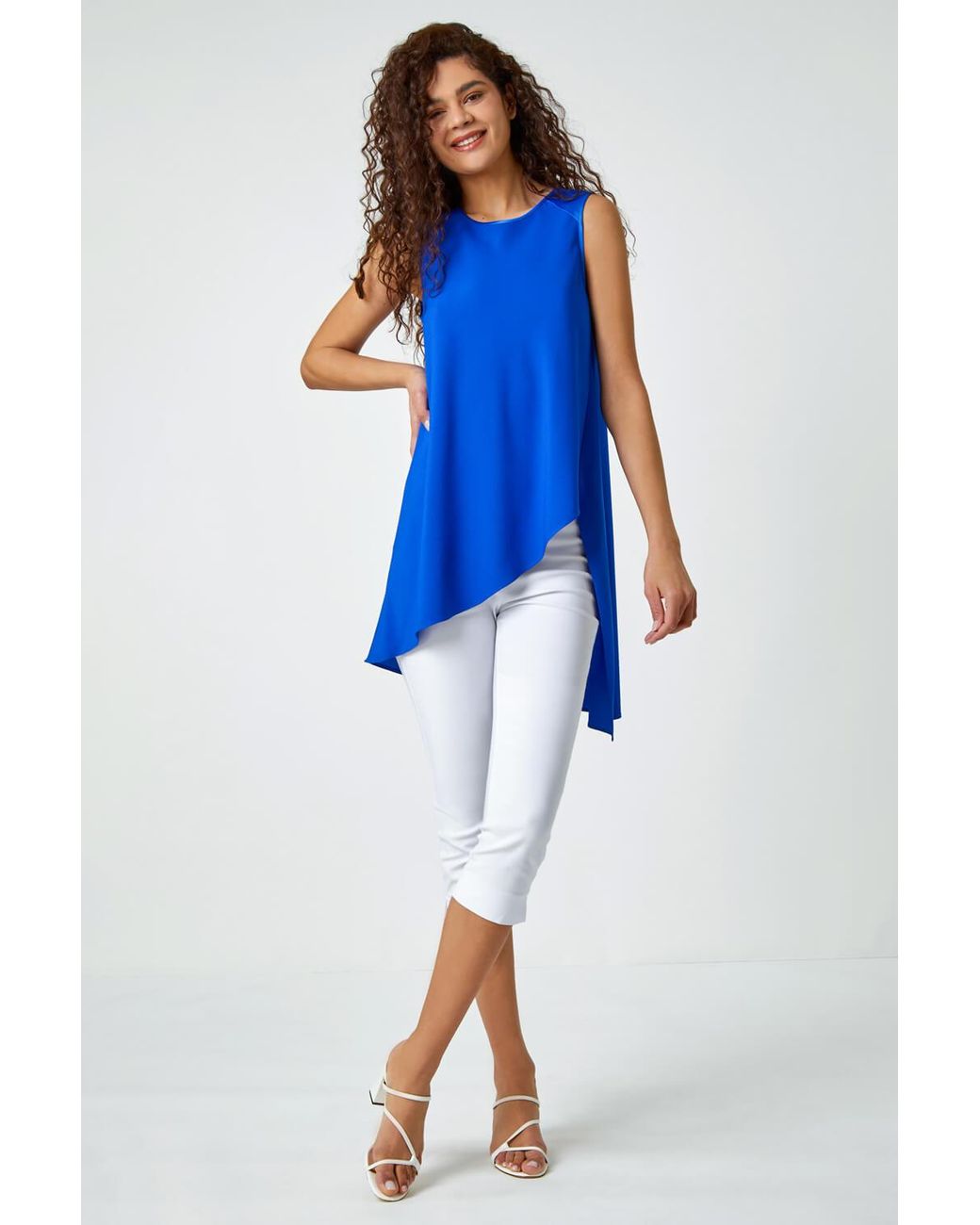 Roman Blue Sleeveless Asymmetric Satin Split Tunic Top