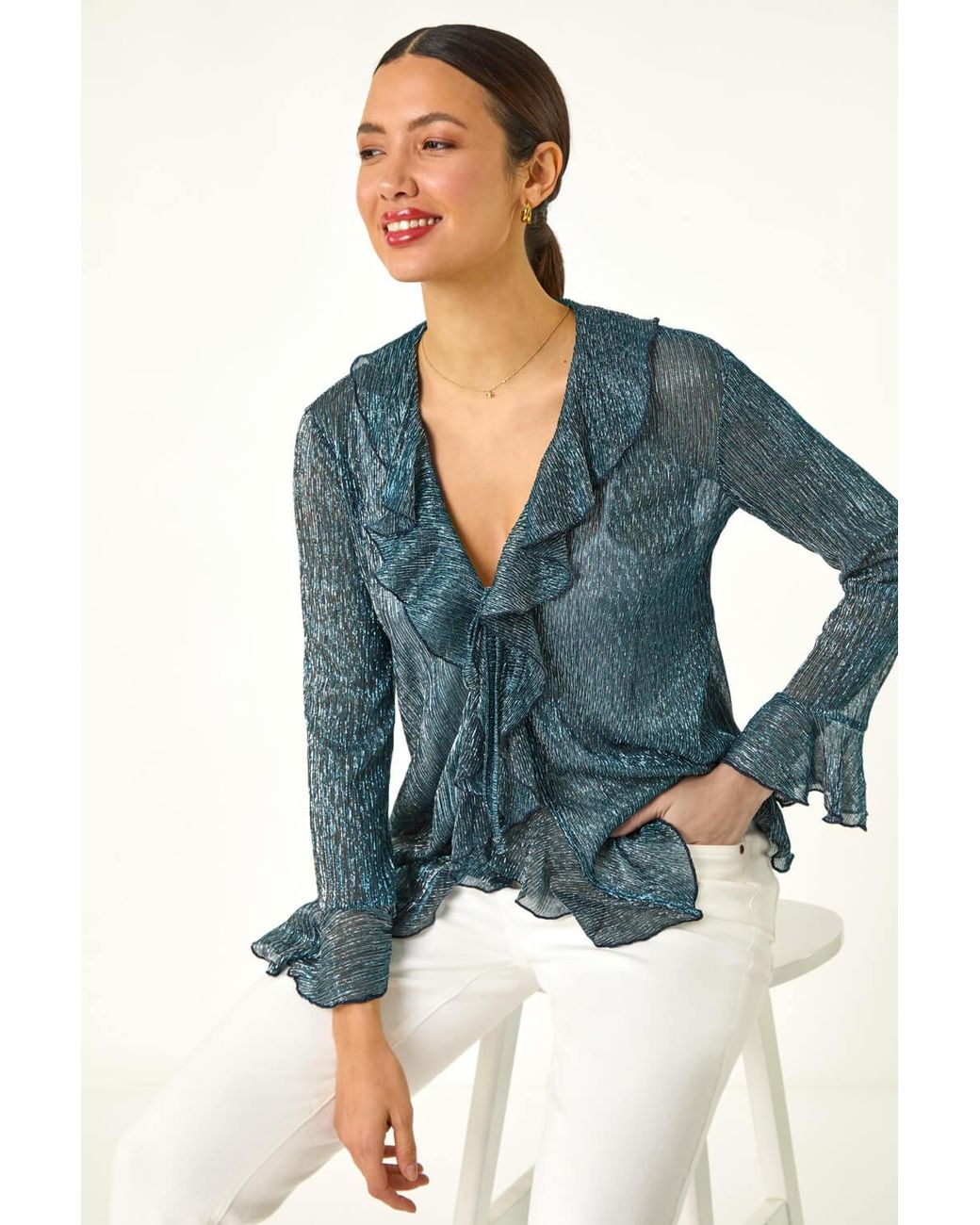 Roman Blue Plisse Print Front Frill Top