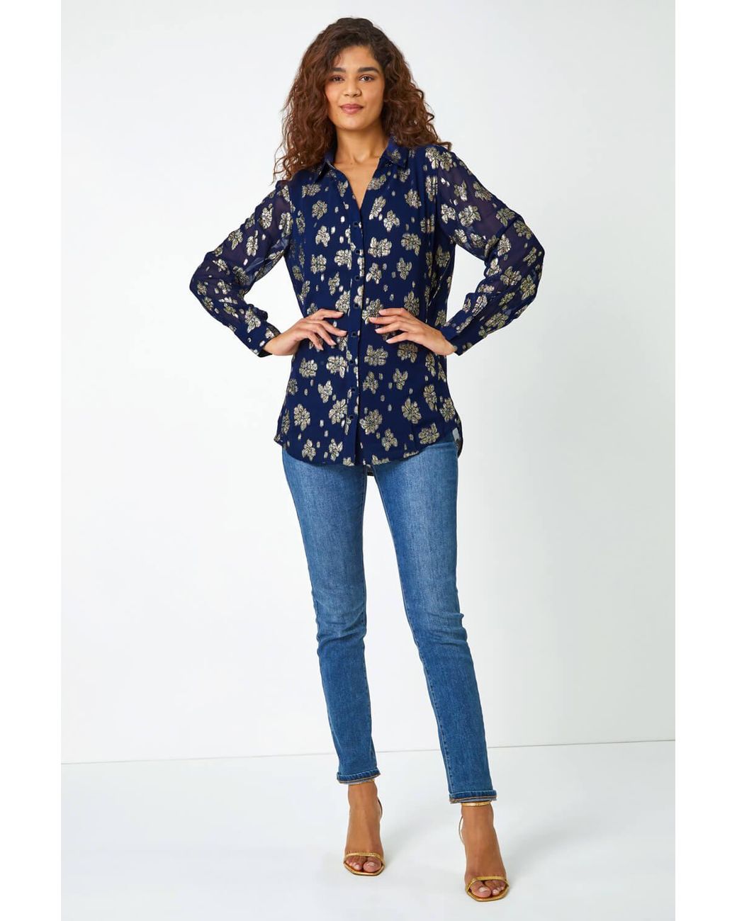 Roman Blue Metallic Floral Print Blouse