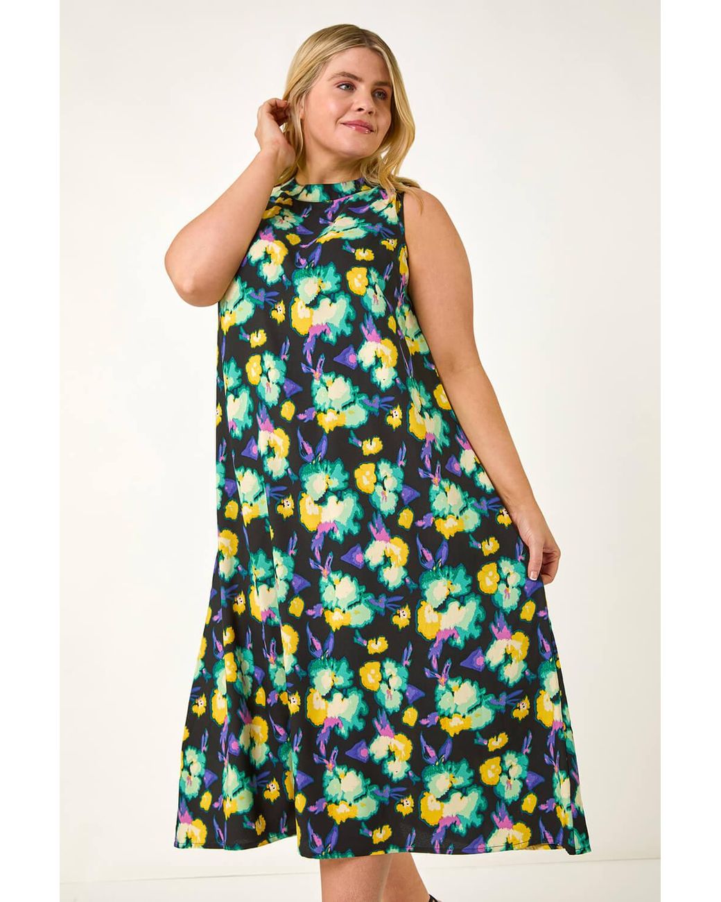 Roman Curve Green Highneck Floral Midi Dress