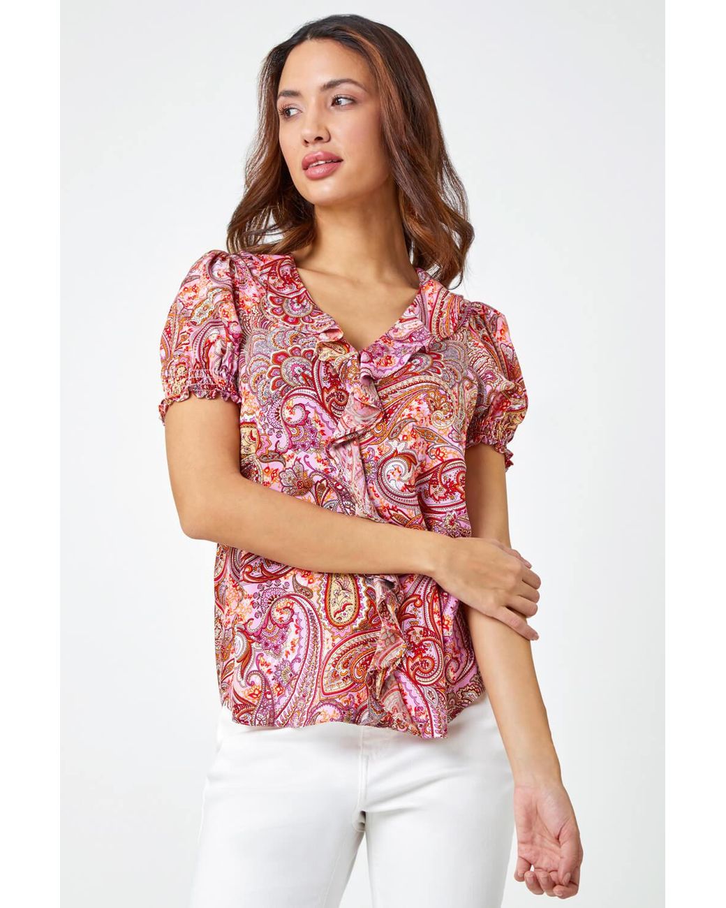 Roman Red Paisley Print V-Neck Ruffle Front Top