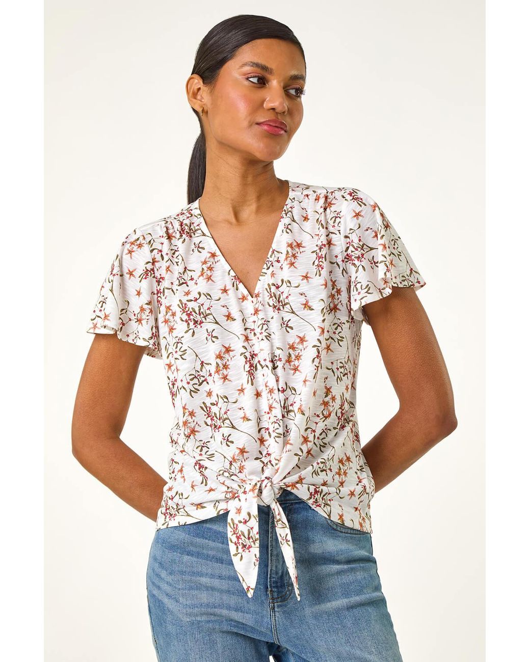 Roman White Floral Buttoned Tie Hem Top
