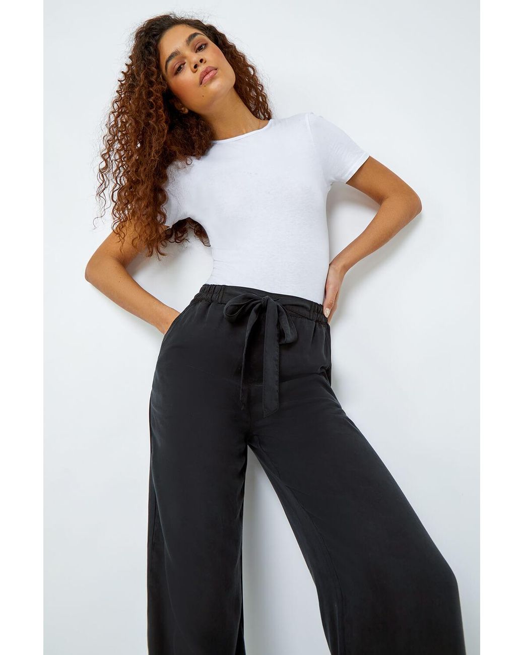 Roman White Tie Waist Wide Leg Trousers