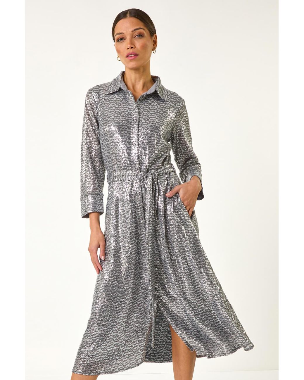 Roman Gray Sequin Shirt Dress