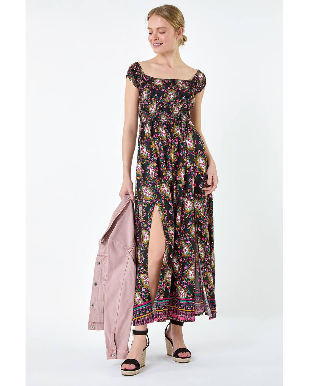 Roman Black Paisley Shirred Bardot Maxi Dress