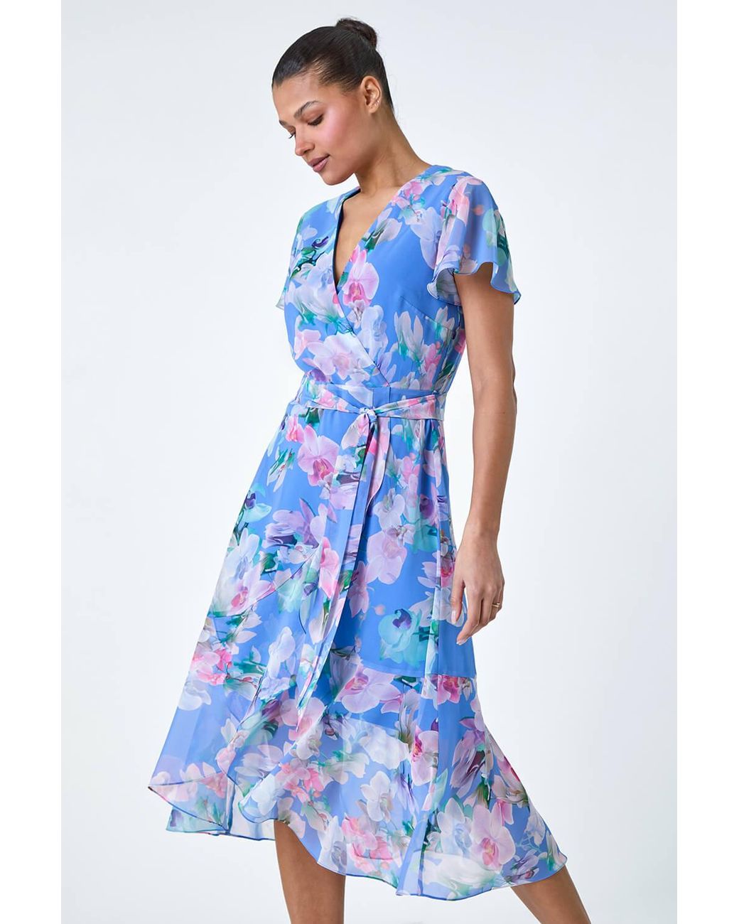 Roman Blue Floral Frill Detail Wrap Dress