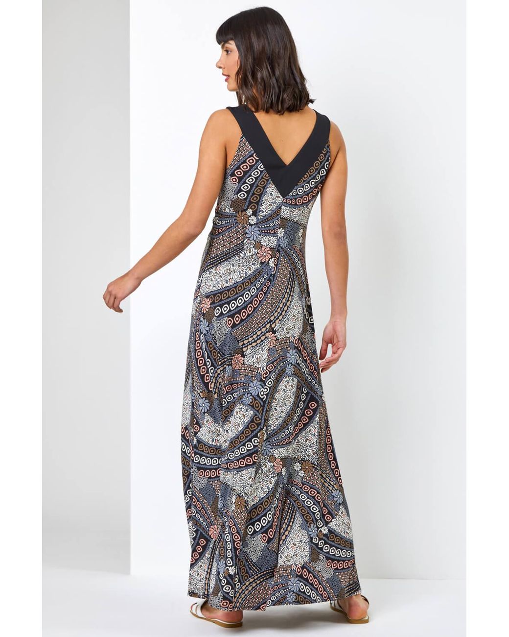 Roman Natural Geo Print Contrast Band Maxi Dress