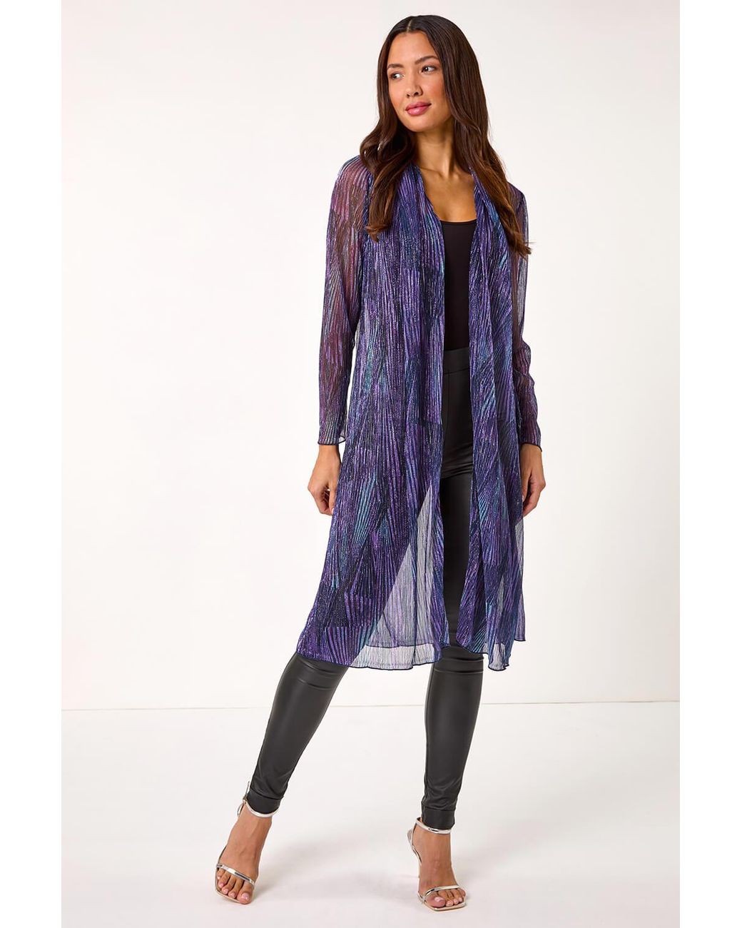Roman Blue Metallic Geometric Plisse Kimono Cardigan