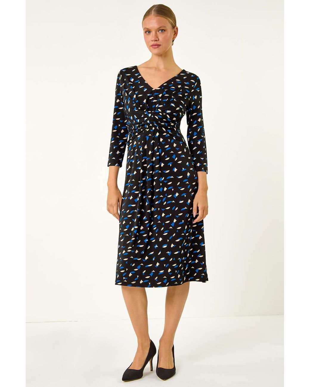 Roman Black Geo Print Stretch Midi Dress