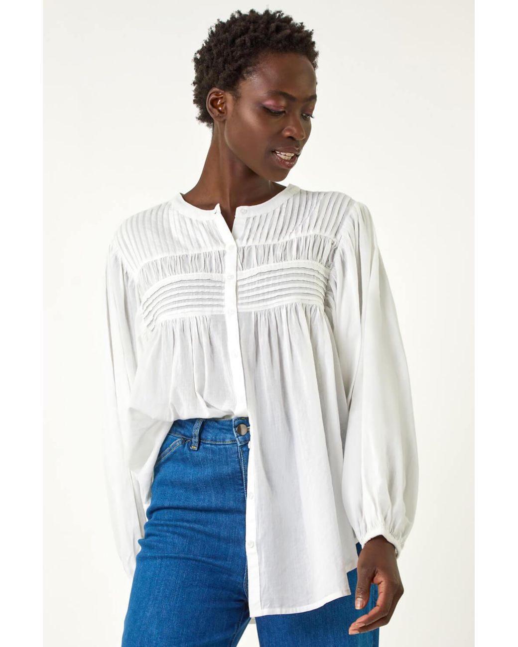 Roman Blue Pleat Detail Button Through Blouse