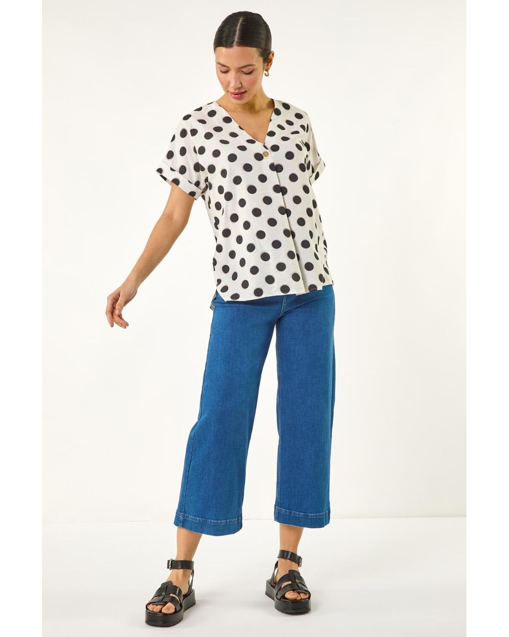 Roman Blue Spotted Pleat Front V-Neck Top