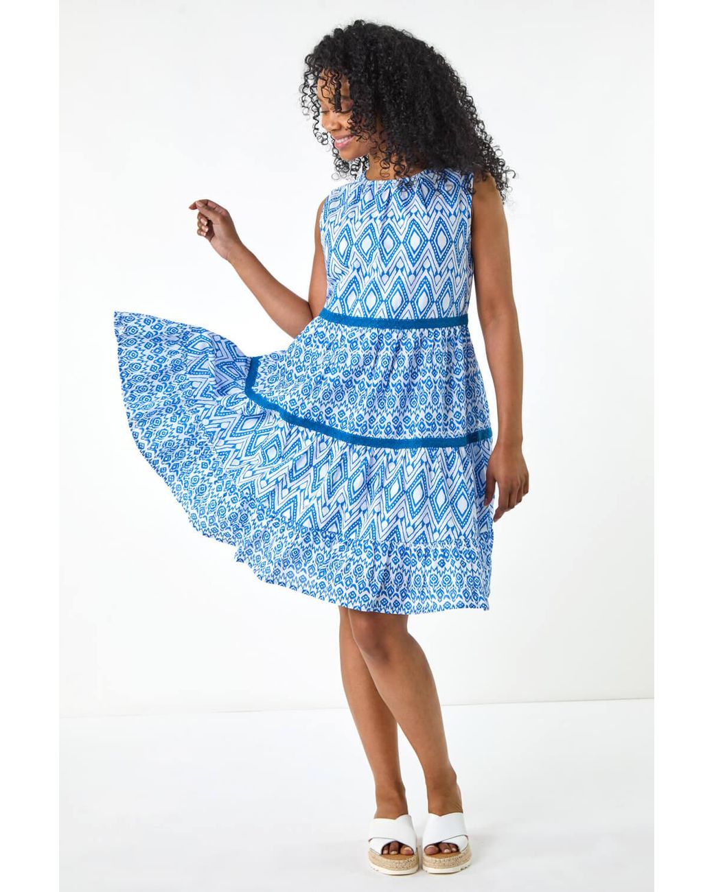 Roman Petite Blue Geo Print Tiered Dress