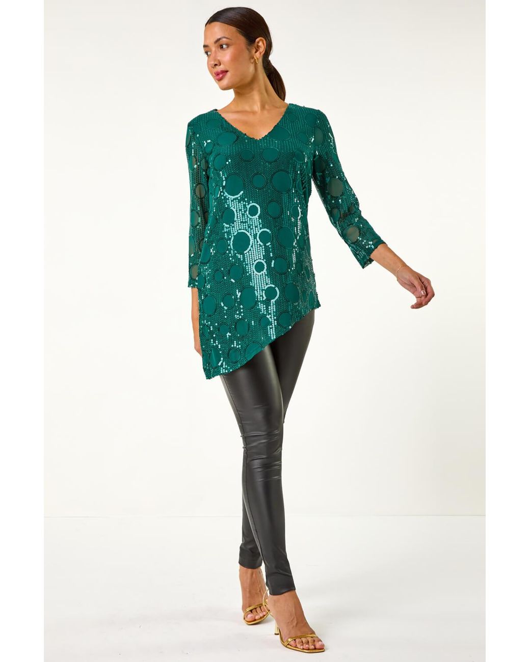 Roman Green Circle Sequin Asymmetric Top