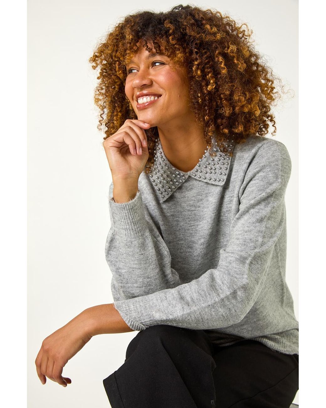 Roman Gray Faux Pearl Collar Jumper