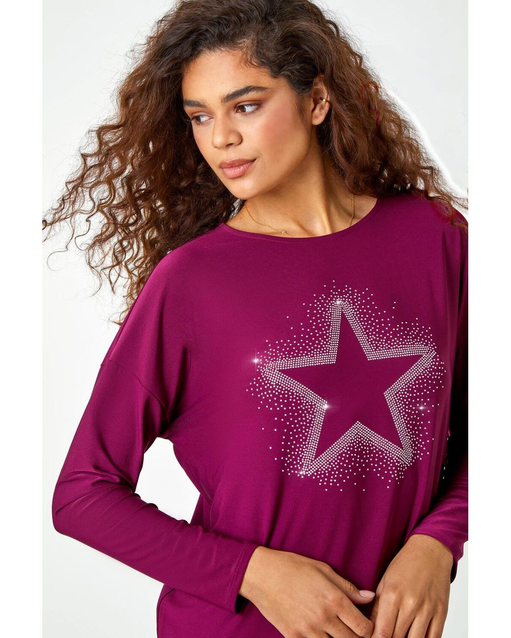 Roman Purple Embellished Star Print Stretch Top