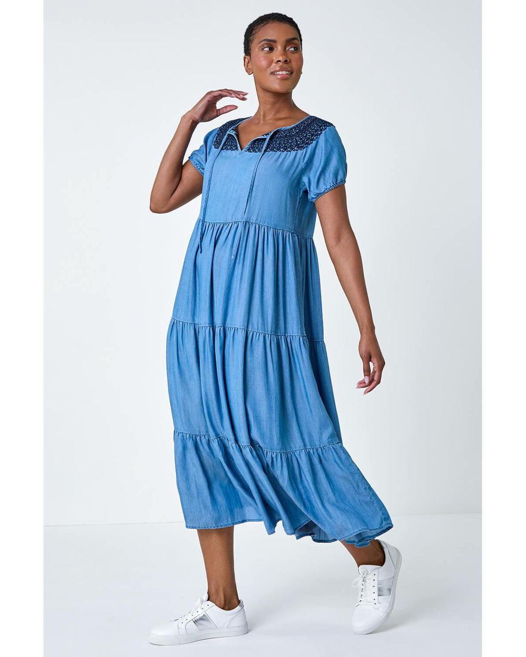 Roman Blue Lace Detail Midi Smock Dress