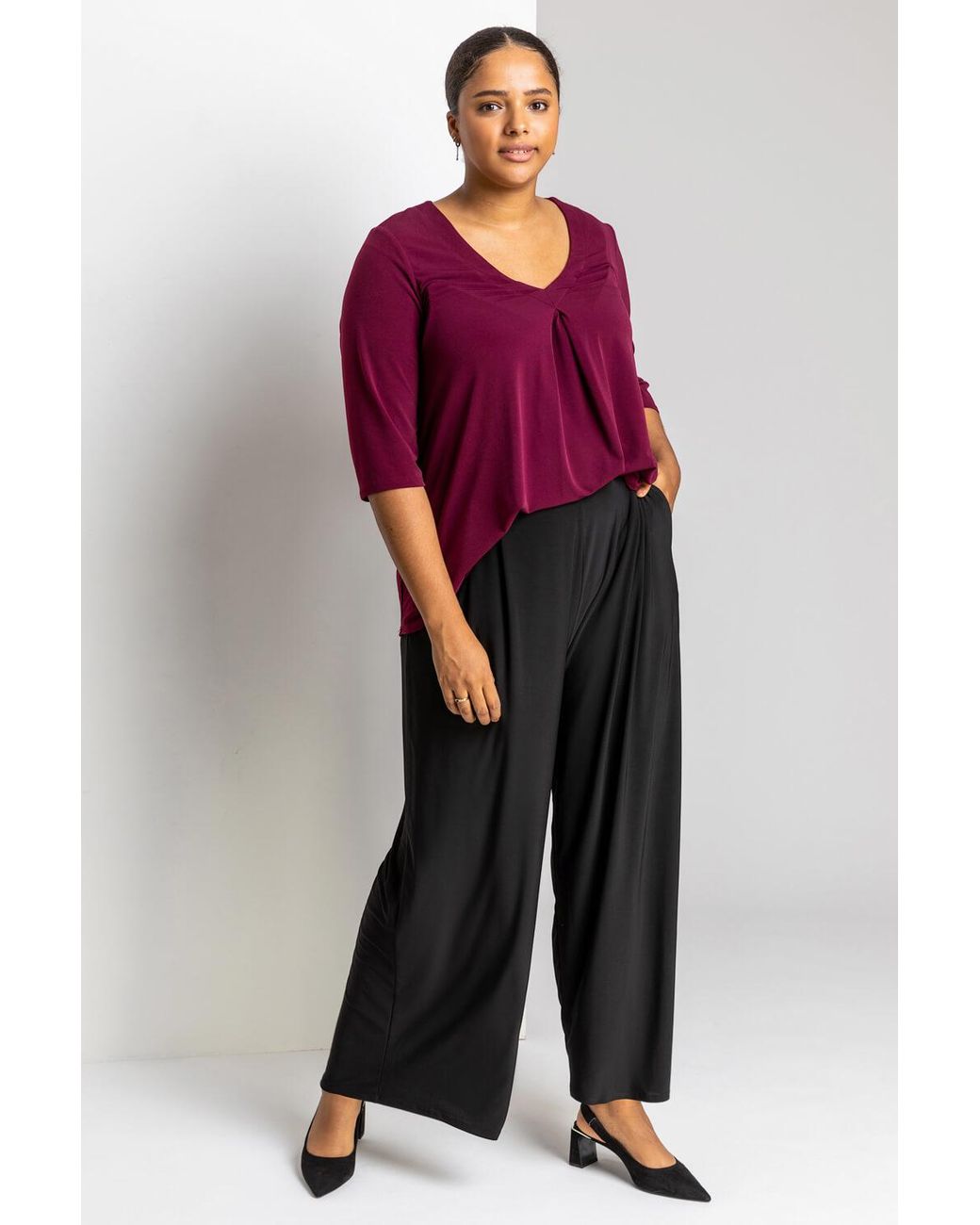Roman Curve Black Plain Elastic Waist Wide Leg Trouser
