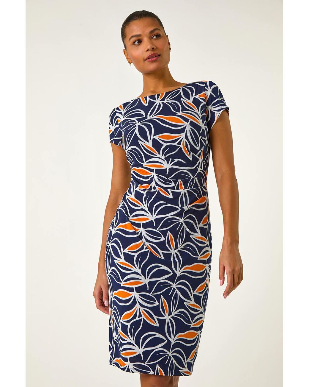 Roman Blue Leaf Print Puff Stretch Midi Dress