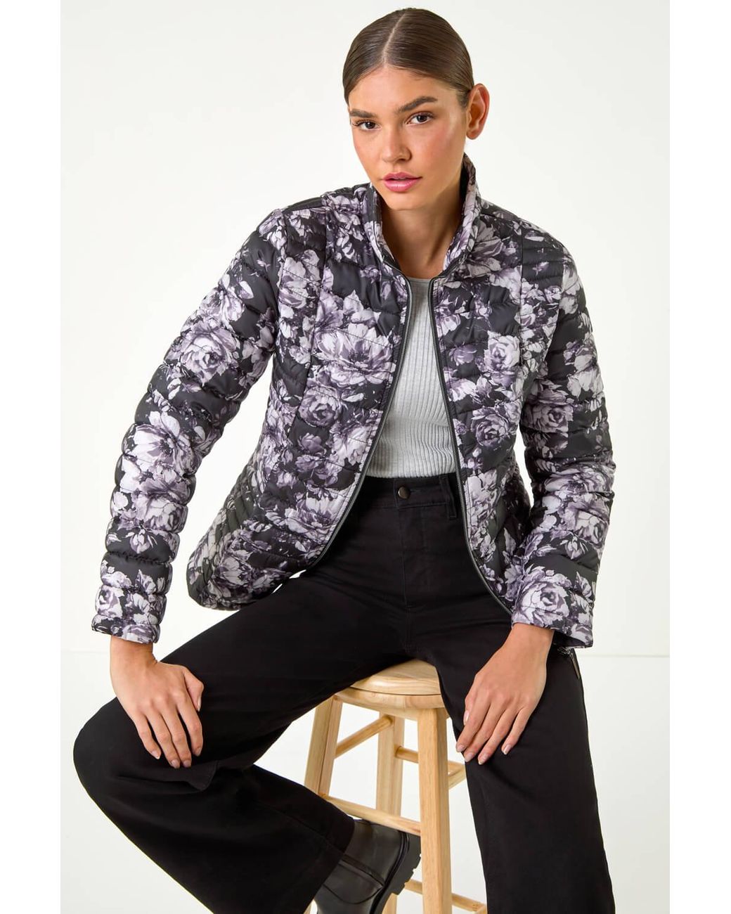Roman Gray Floral Print Lightweight Quilted Coat