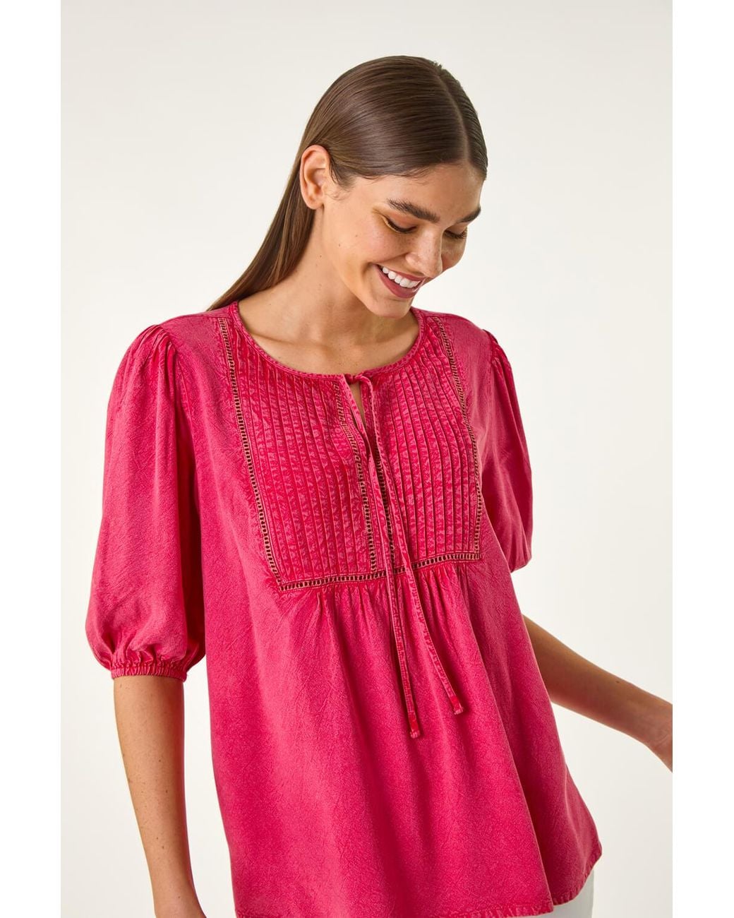 Roman Red Pleat Detail Tie Neck Top
