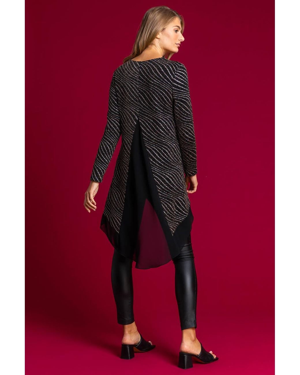 Roman Metallic Glitter Wave Dipped Hem Tunic Top