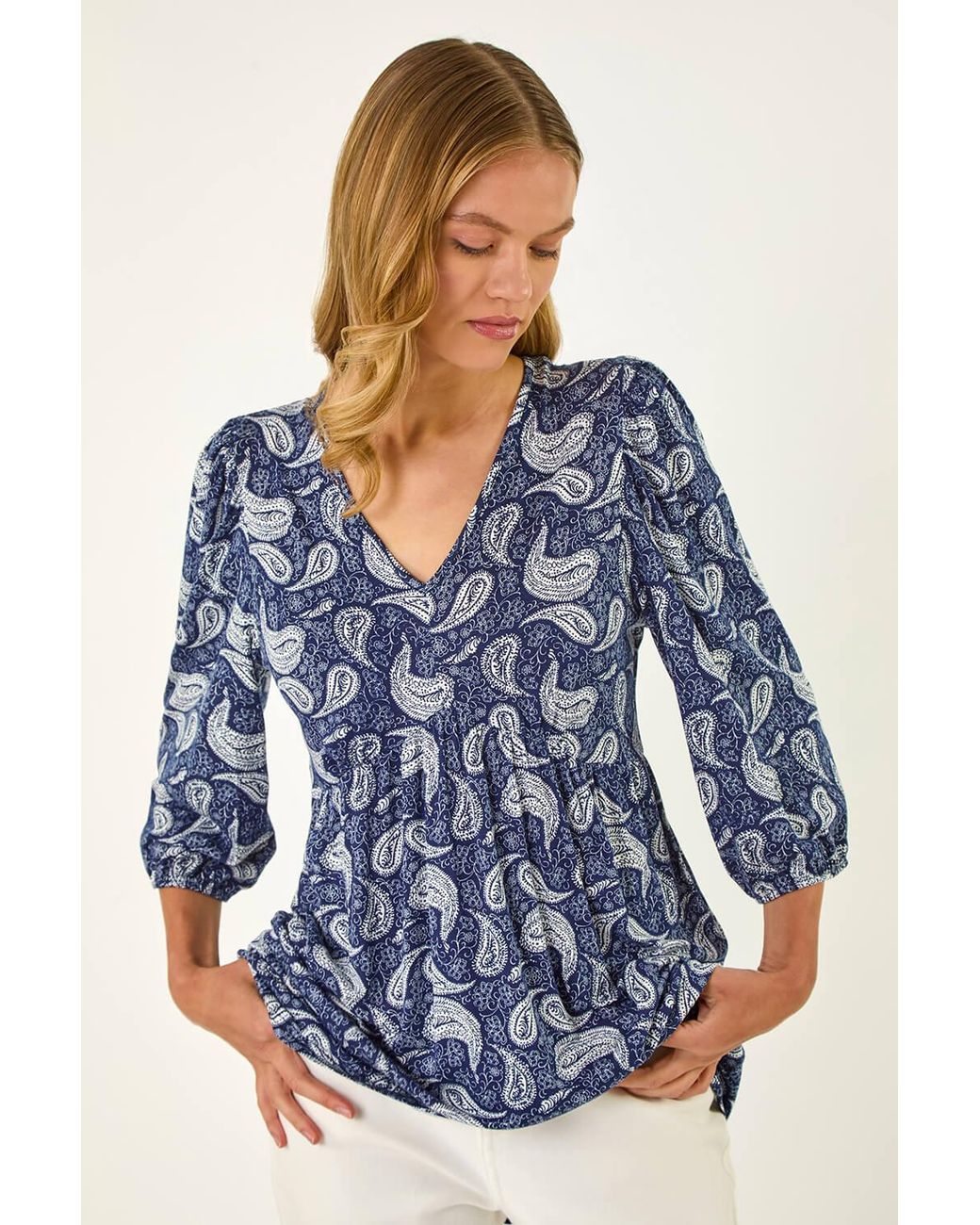Roman Blue Paisley Print V-Neck Stretch Top