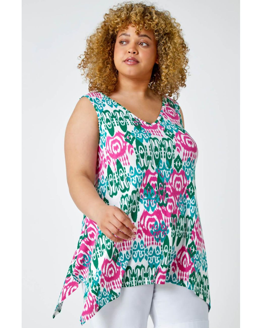 Roman Curve White Geometric Print Cross Strap V-Neck Cami