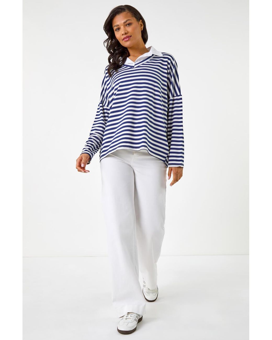 Roman Blue Mock Shirt Stripe Top