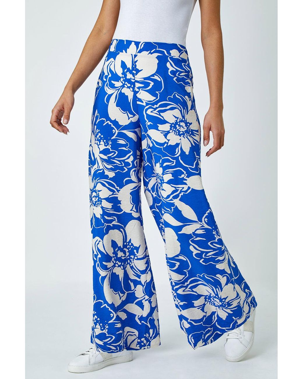 Roman White Floral Print Elastic Waist Wide Leg Trousers