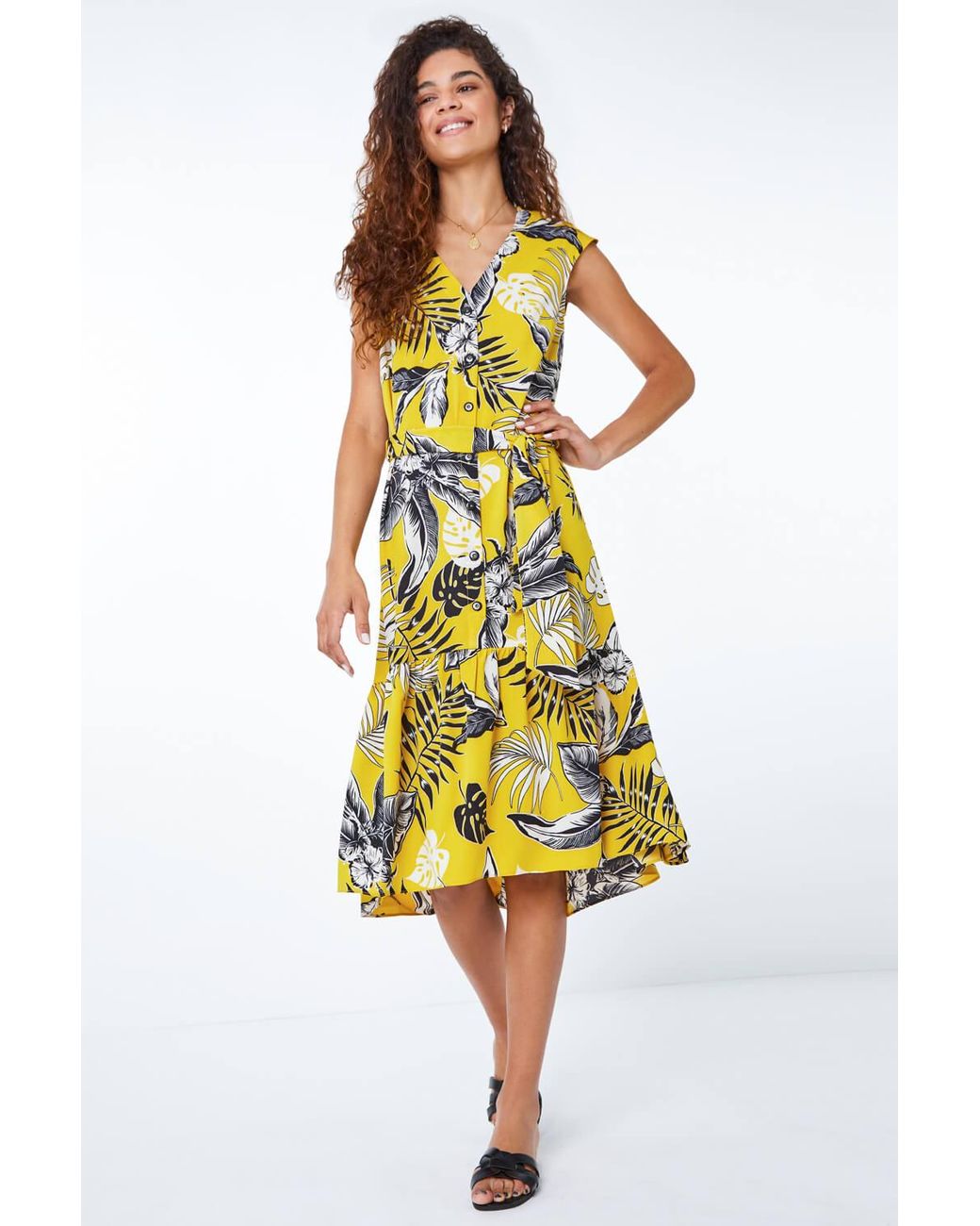 Roman Yellow Tropical Print Dipped Hem Dress