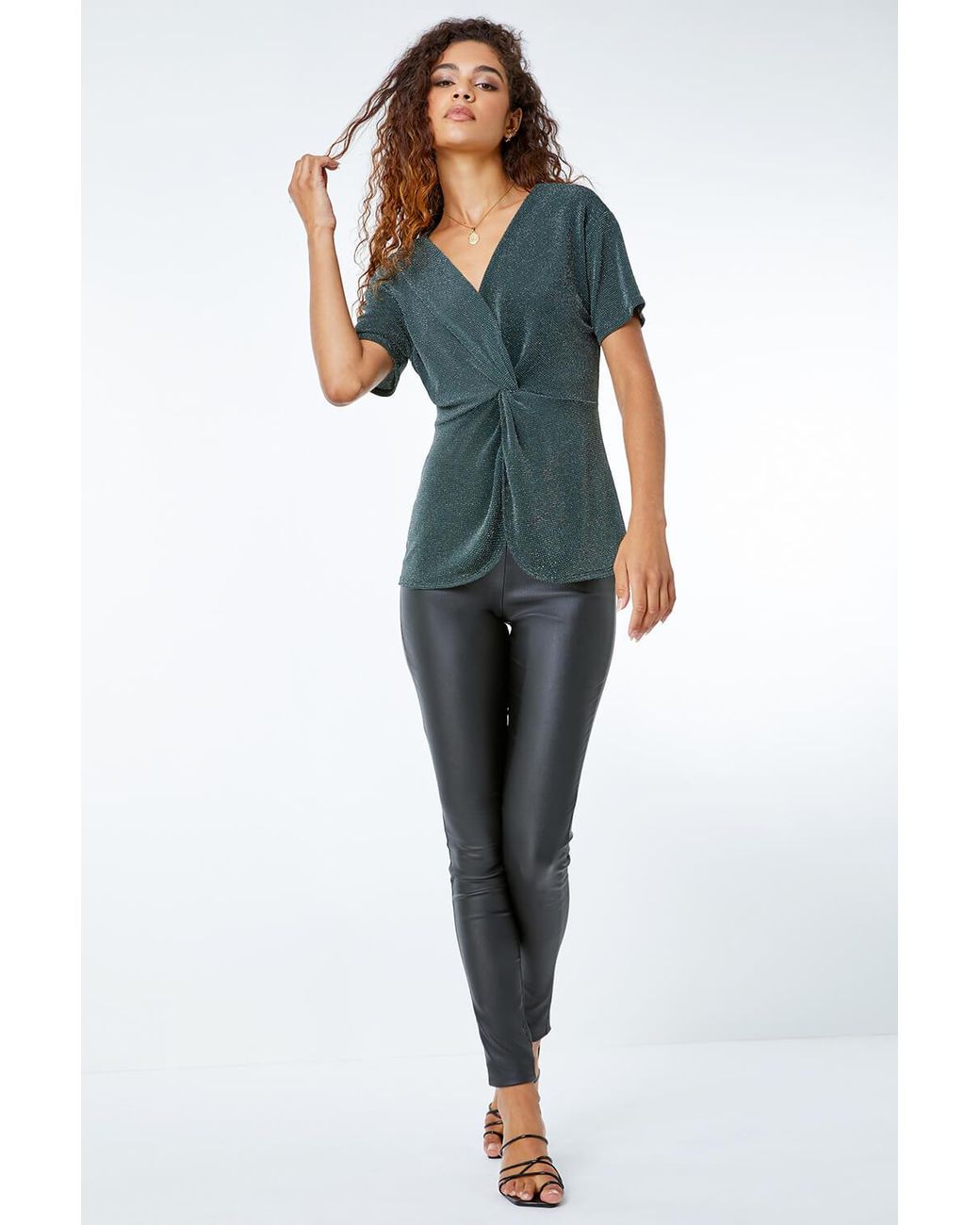 Roman Green Twist Front Sparkle Embellished Top