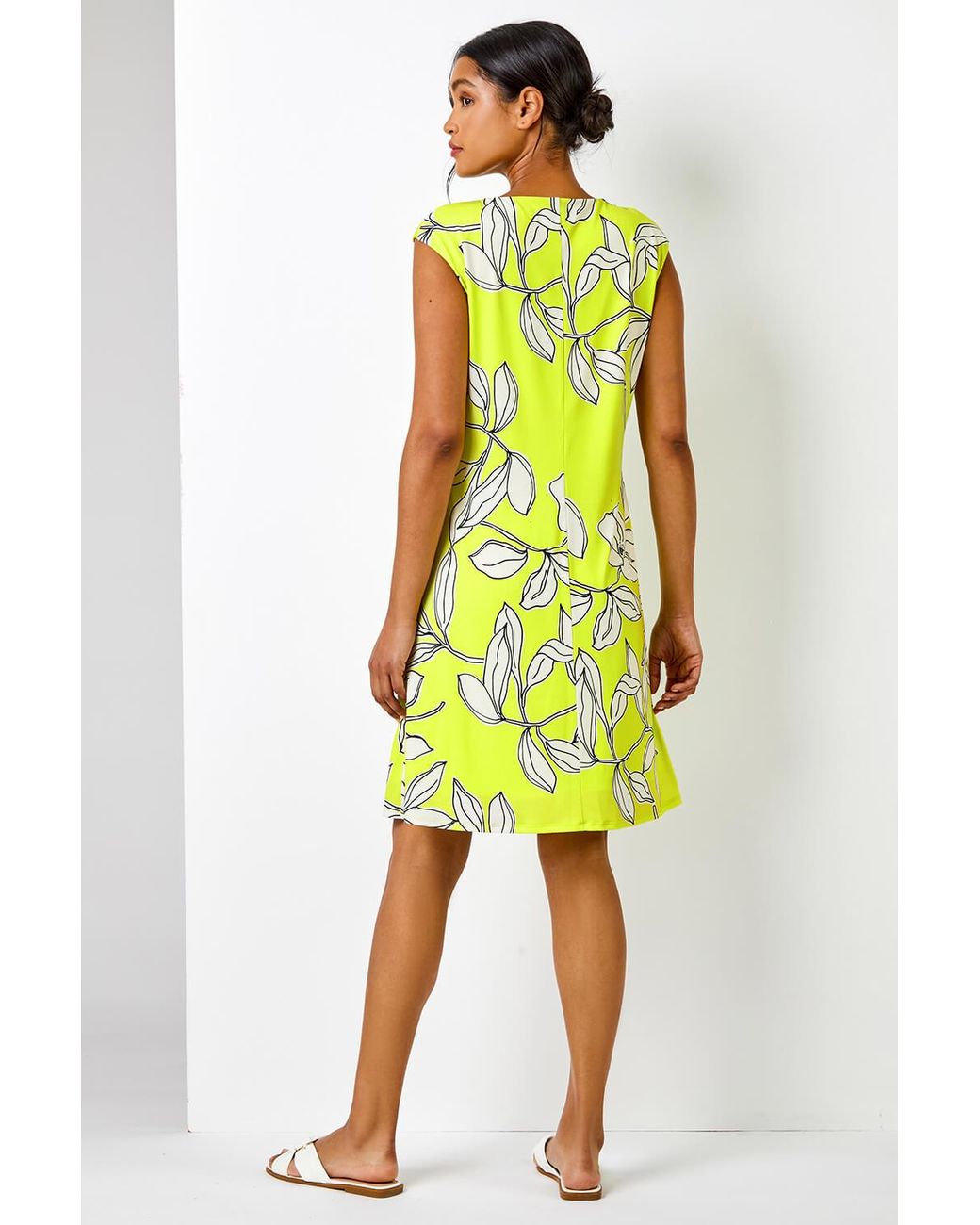 Roman Yellow Linear Floral Print Swing Dress