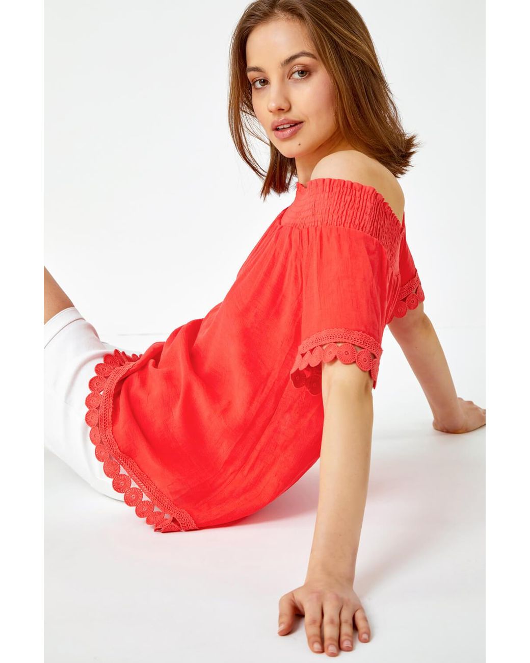 Roman Lace Detail Shirred Bardot Top