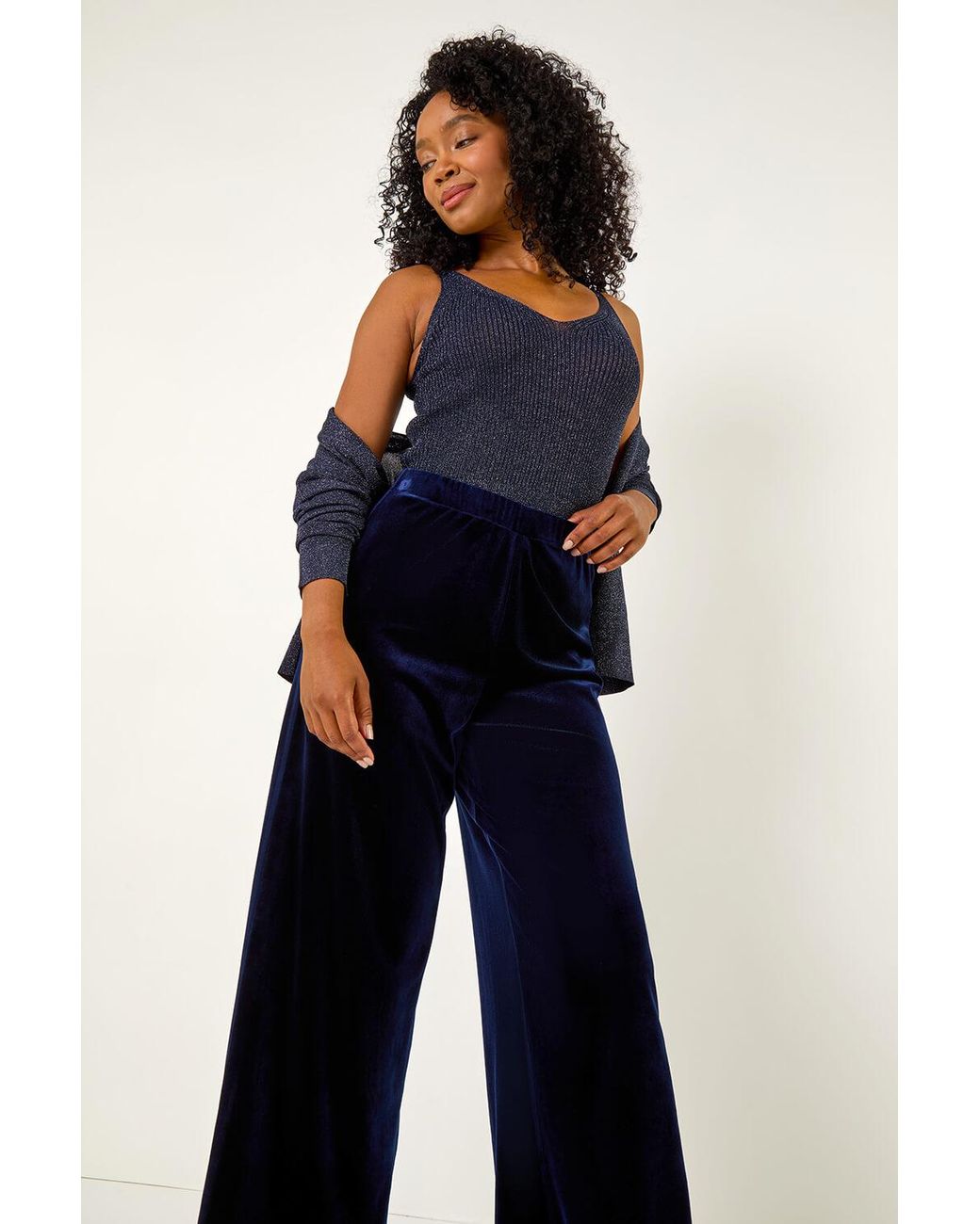Roman Petite Blue Wide Leg Velvet Stretch Trouser