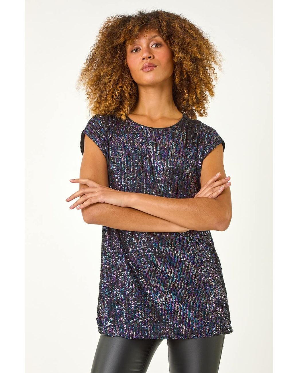 Roman Blue Sequin Tunic Stretch Top